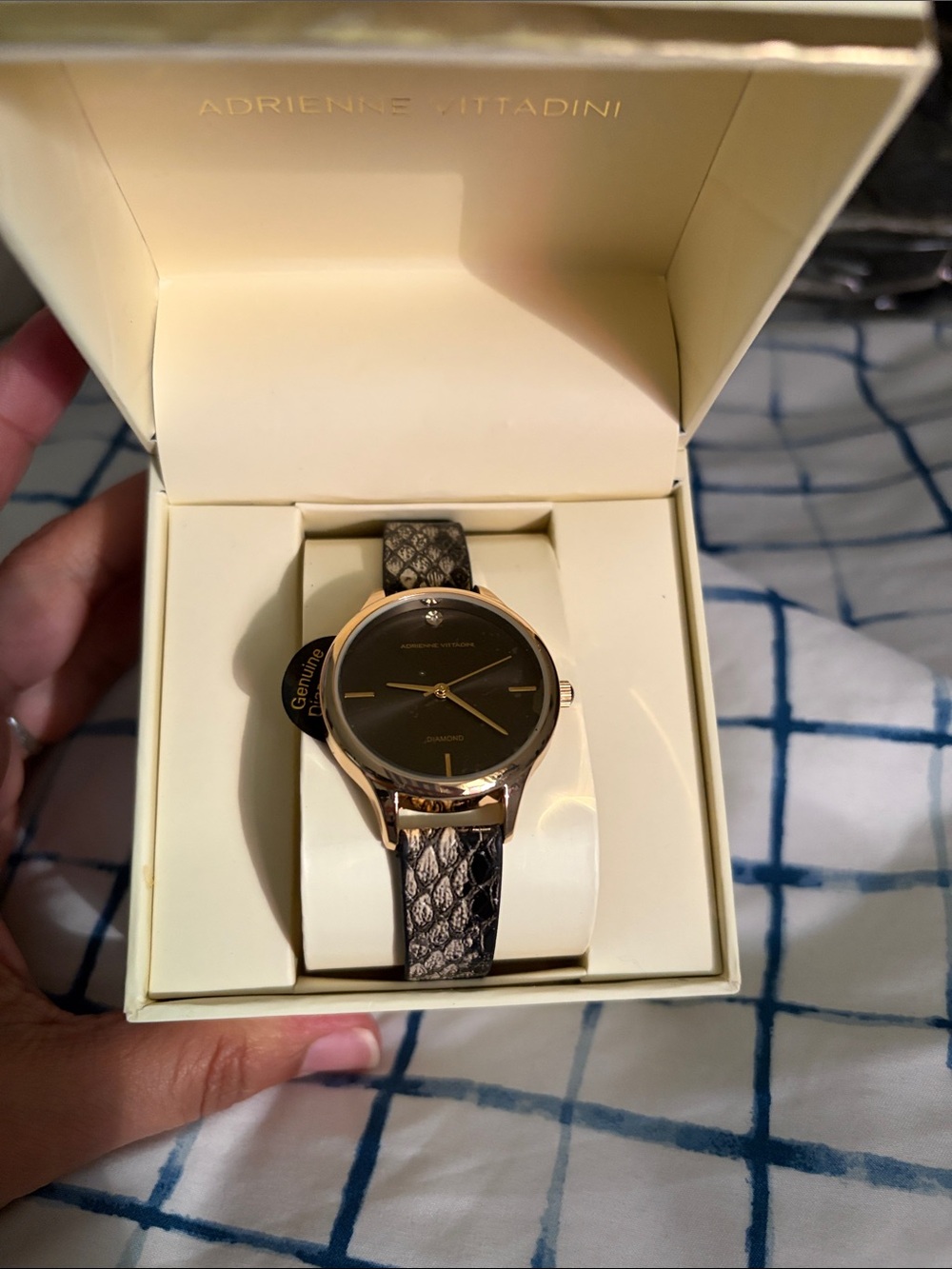 Adrienne Vittadini Black Dial Watch with Gold Case and Snake-Print Strap